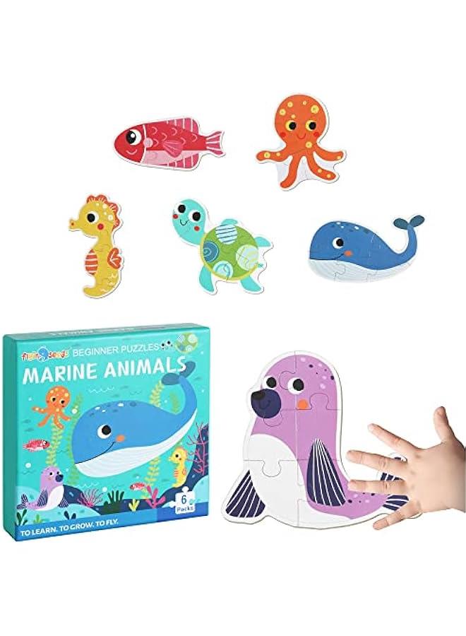 6 Packs Marine Animals Shaped Wooden Jigsaw Puzzles, Beginner Puzzles for Toddlers, Montessori Learning Toys Preschool Educational Activity for Kids Ages 3 4 5 with Pattern Blocks - Image 1